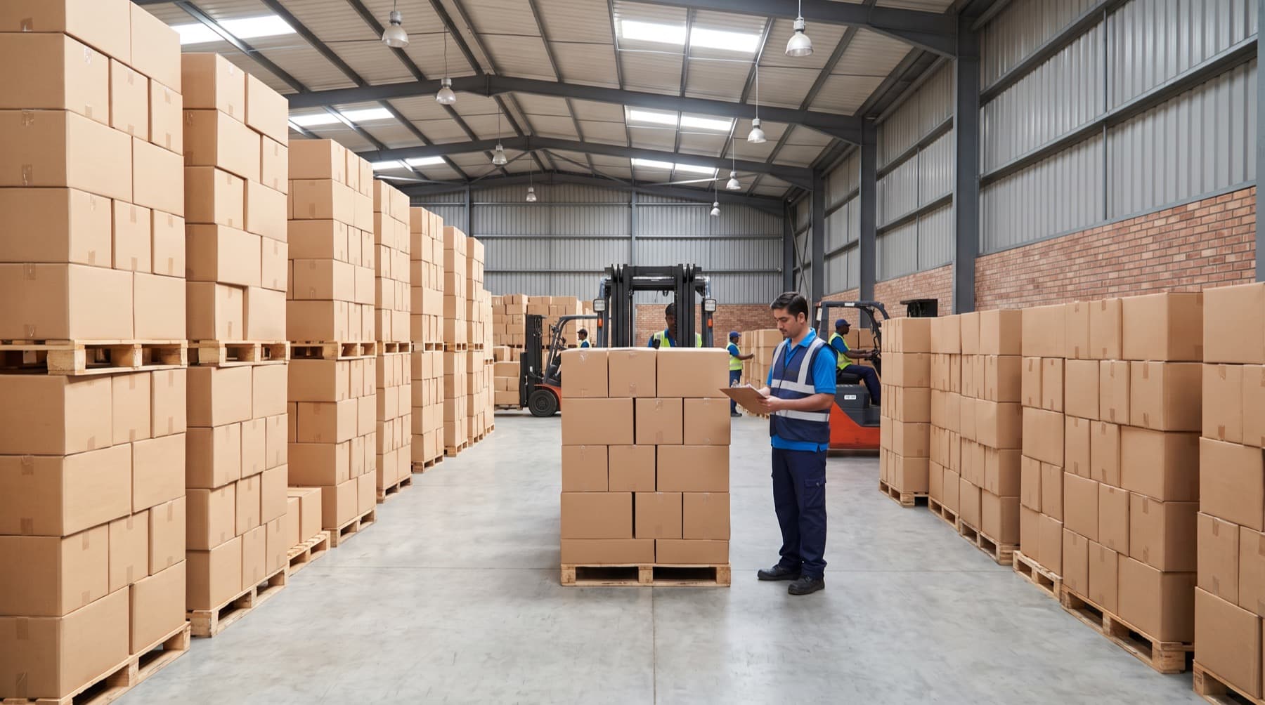 Boxed solar panels stacked on pallets in a distribution warehouse